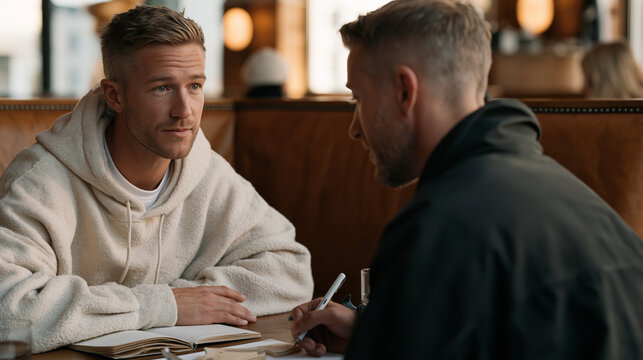 Startup founder sits across from a potential first customer at a restaurant booth, leaning in with a prototype on the table between them, asking open-ended questions and recording