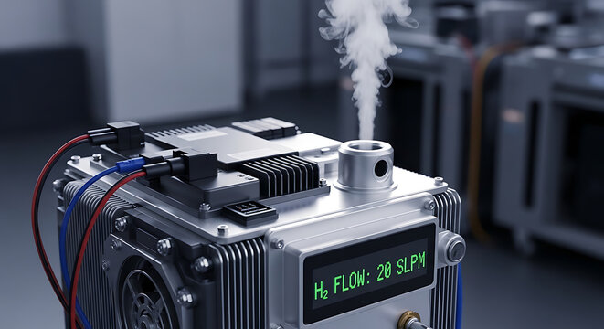 Hydrogen fuel cell system with digital display showing flow rate in a laboratory setting