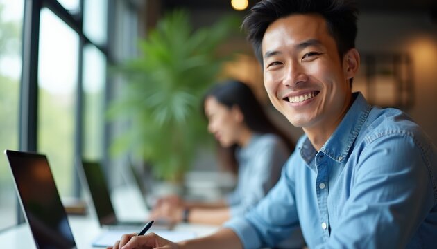 Young Asian man smiles working on laptop. Colleagues in modern office background. People collaborate in bright workspace. Teamwork and productivity concept. Digital nomad lifestyle.
