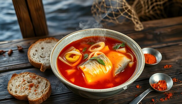 Close up of traditional Hungarian fisherman soup served on an outdoor wooden table.