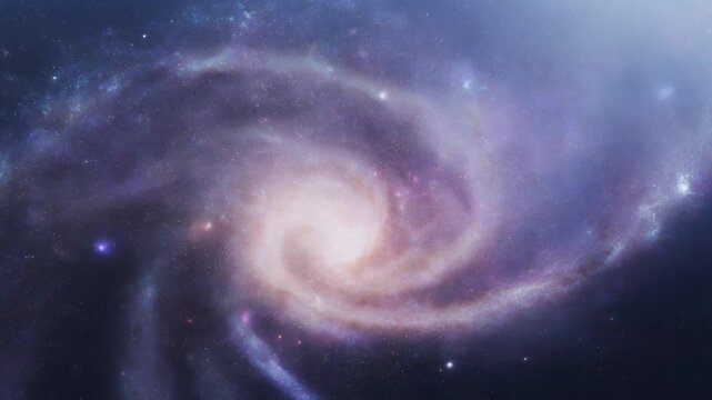 A luminous spiral galaxy with swirling blue and purple arms around a bright core, symbolizing cosmic beauty, rotation, and the infinite scale of the universe.