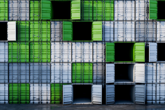 3D green container wall with open storage bays and doors