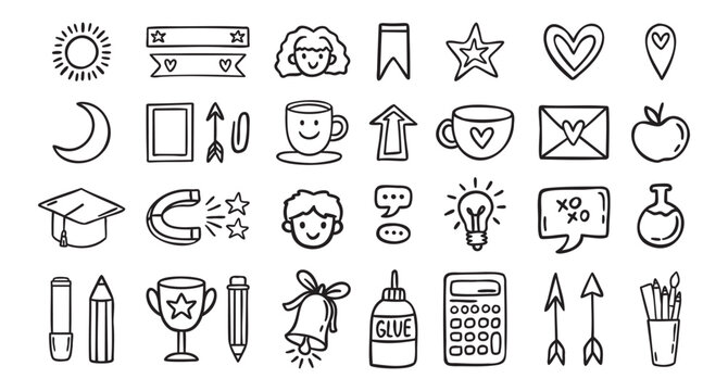 Random school elements set, primary cute icons, line art outline contour, monochrome, hand drawn