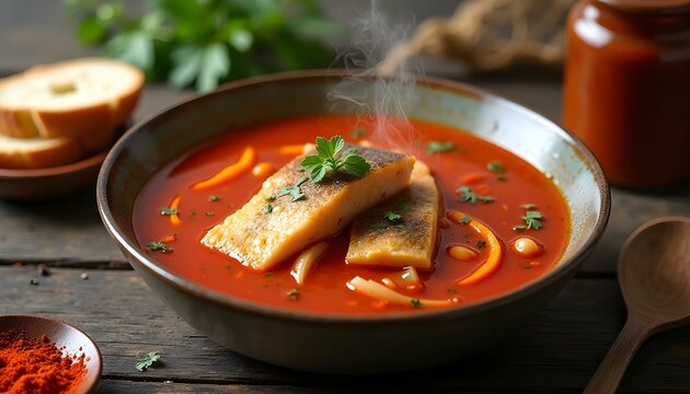Steaming spicy seafood soup with fish fillets in a rich red broth.