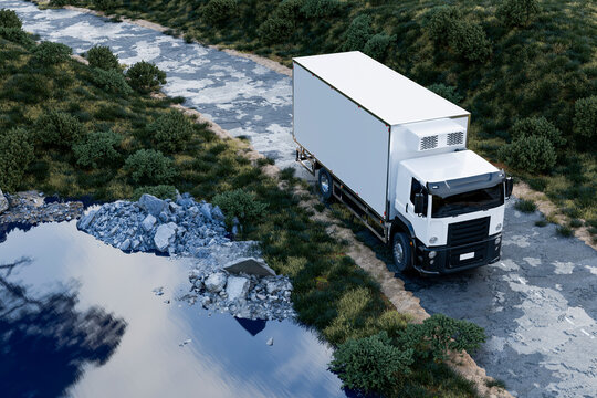 3D rural delivery truck on road beside water and grass