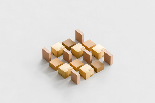 3D package network grid with arranged boxes on floor