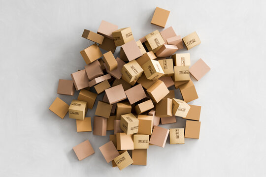 3D minimal box pile overhead on clean warehouse floor