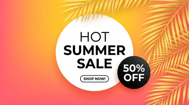 Hot summer sale announcement with fifty percent off, framed by golden palm leaves on a pink and orange gradient, perfect for promotional campaigns.