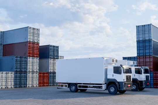 3D container yard convoy with white trucks and blue sky
