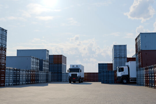 3D port corridor truck between container stacks and sky