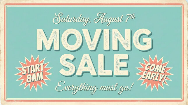 Vintage poster advertising a moving sale on Saturday, August 7th, with start time and early arrival encouragement, representing a significant event