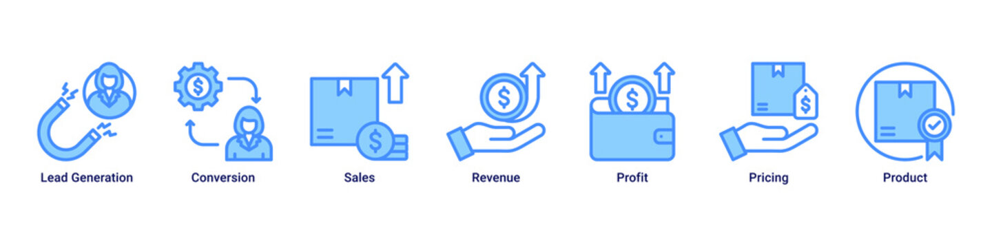 Sales Boost web banner icon vector illustration with icons of Lead Generation, Conversion, Sales, Revenue, Profit, Pricing and Product