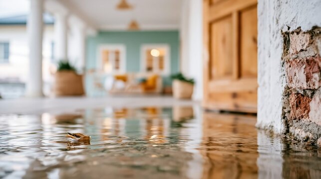 A serene view of a flooded entrance showcasing beautiful reflections, highlighting the sense of tranquility amidst the unusual water presence in a stylish setting.