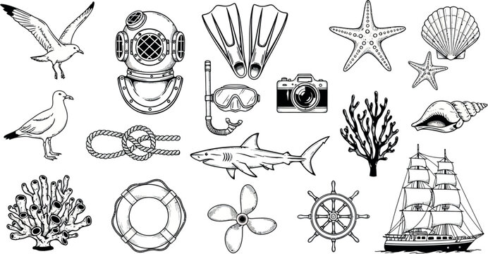 Vintage nautical icons and sea life illustrations, black and white marine vector set, antique diving equipment and ocean animal sketches