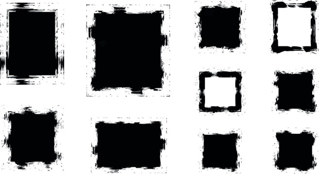 Grunge black ink frames and distressed border collection, set of 10 textured square vector elements, rough paint stroke boxes for vintage design