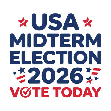 Usa midterm election 2026 vote today typography with stars and flag elements vector icon.