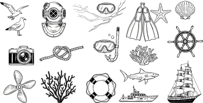 Vintage nautical icons set, hand drawn sea life and scuba diving equipment vectors, black and white maritime illustrations for ocean adventure branding