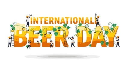 Fototapeta premium International Beer Day Celebration: Vibrant 3D letters spelling INTERNATIONAL BEER DAY are decorated with fairy lights and foliage.