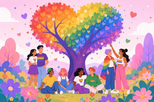 Dreamy Pride Month illustrations featuring rainbow pathways, inclusive communities and whimsical fantasy landscapes celebrating diversity, love and belonging.