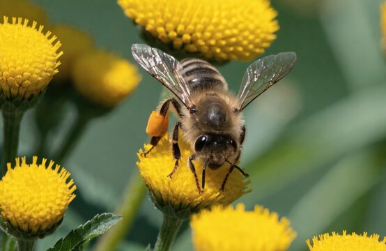 Close-up of a Honey Bee with Full Pollen Baskets on Yellow Tansy Flower in Summer Sunlight