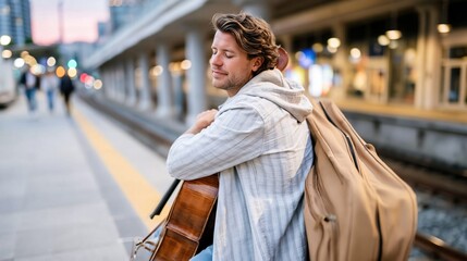 Fototapeta premium A young musician playing the cello at a bustling train station, creating a serene and soulful moment amid the chaotic urban environment of travel and art.