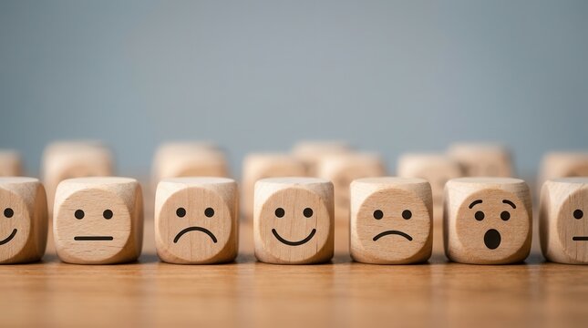 Wooden blocks with emoji faces representing brand perception research and customer sentiment.