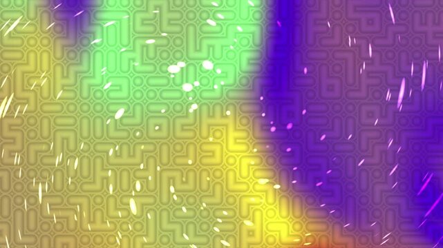Abstract digital background with glowing neon lines and geometric maze patterns in purple and yellow.