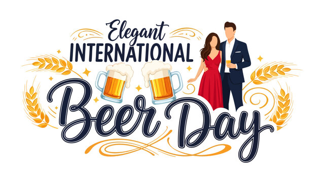 Elegant International Beer Day Celebration: A sophisticated couple, a man in a sharp suit and a woman in a vibrant red dress, toast with glasses of golden beer.