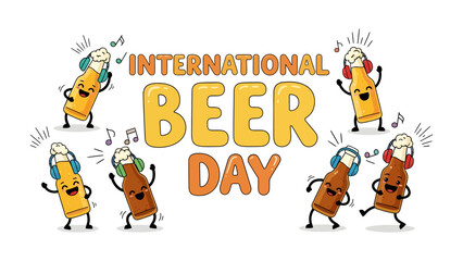 Fototapeta premium Happy International Beer Day: Animated beer bottles joyfully dance and celebrate International Beer Day, with musical notes floating around them in a vibrant and festive illustration.