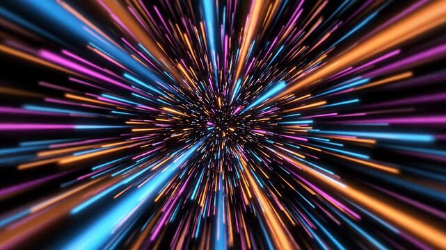 Abstract colorful neon light streaks exploding from center.