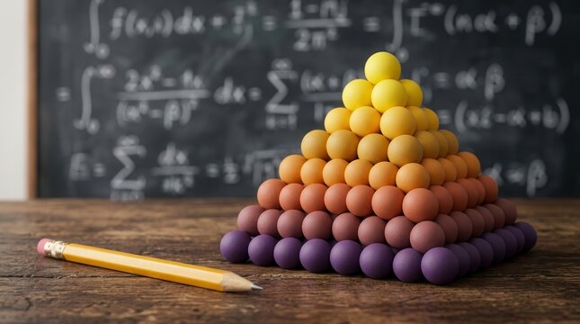 Mathematical combinations concept visualized with colored spheres and a pencil.