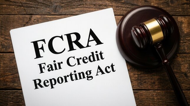 FCRA Fair Credit Reporting Act printed document placed beside a wooden gavel on a desk.