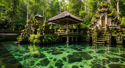 Fototapeta premium Sacred holy spring temple with mossy stone pagodas in tropical jungle
