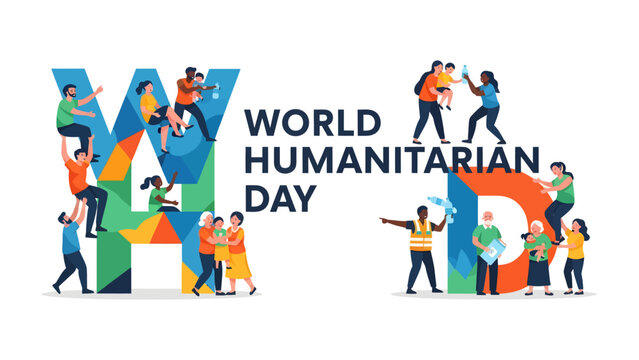 World Humanitarian Day Illustration: A vibrant and colorful illustration celebrating World Humanitarian Day, featuring diverse people interacting with large, stylized letters forming WHD.