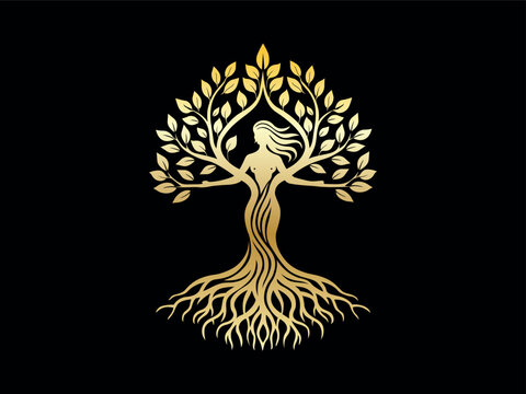 Gold tree of life silhouette featuring a stylized female figure with branching arms and deep roots silhouette spiritual environment abstract wellness connection illustration meditation