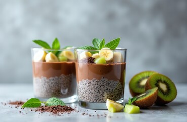 Fototapeta premium Two glasses of chocolate chia pudding with banana and kiwi toppings. Healthy breakfast or dessert option. Made with superfoods for a nutritious meal. Perfect for diet plans.