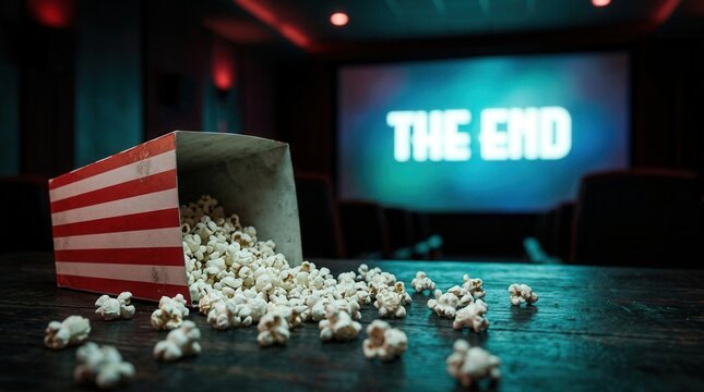 The end movie screen with a spilled popcorn box concept for a web series season finale.