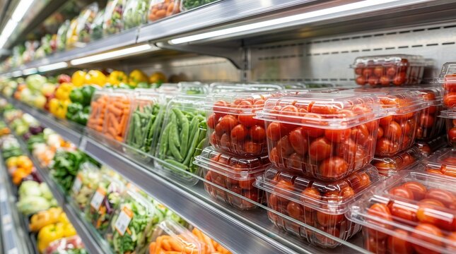 Fresh vegetables in clear plastic food packaging displayed on supermarket shelves.