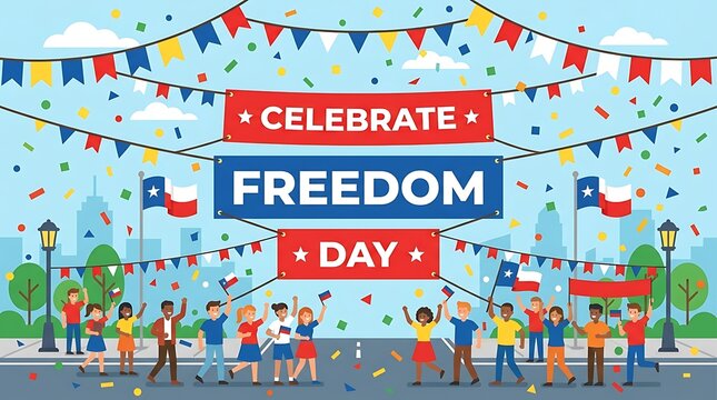 "Celebrate Freedom Day" is written on a flat graphic of parade banners and confetti