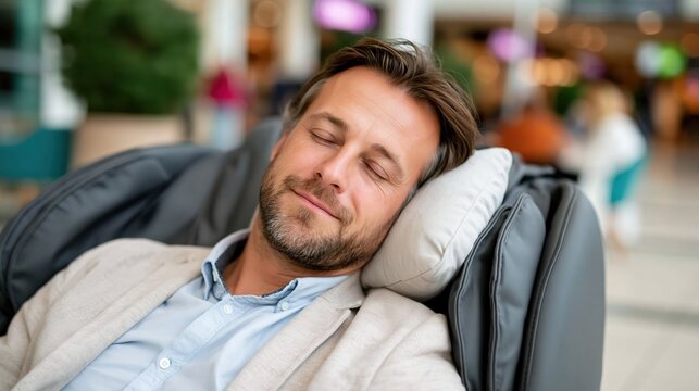 A contented man in a light blazer relaxes in a massage chair, embodying tranquility and comfort in a bright, stylish environment designed for leisure and relaxation.