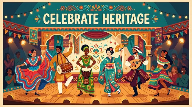 "Celebrate Heritage" is written on a flat image of cultural performers on stage
