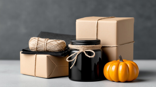 Halloween harvest packaging mockup with kraft gift box, twine, black candle jar and pumpkin, seasonal ecommerce order wrapping scene, rustic minimalist tabletop stilllife with copy space.