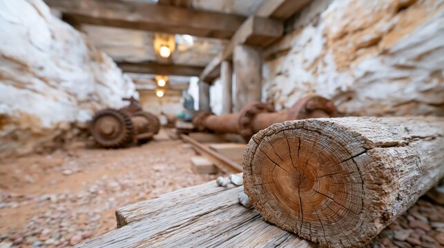 Inside an abandoned mine, old mining equipment is visible, highlighting the historical significance and the passage of time in industrial heritage.