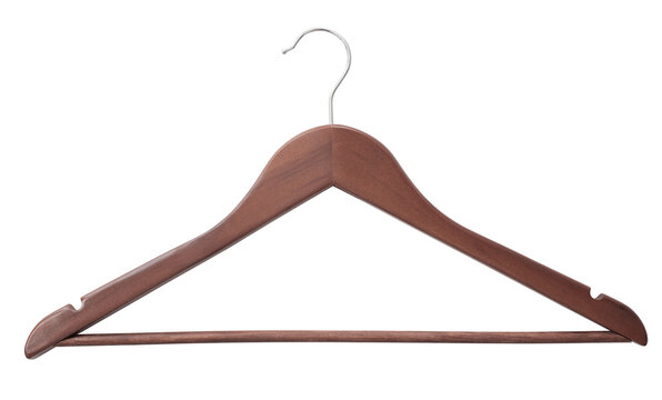 Wooden clothes hanger isolated on transparent PNG background, garment storage and closet organization. Stylish wood coat hanger - isolated design element.