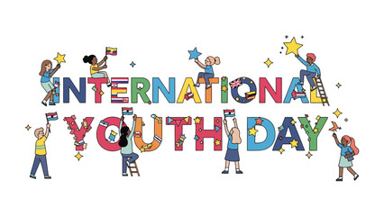 Fototapeta premium International Youth Day Celebration: Diverse young people joyfully decorate the text International Youth Day with stars and flags, symbolizing global unity and youthful energy.