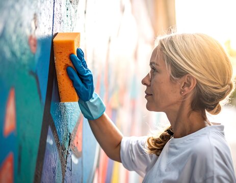 Woman cleans colorful graffiti wall with sponge outdoors under warm sunlight