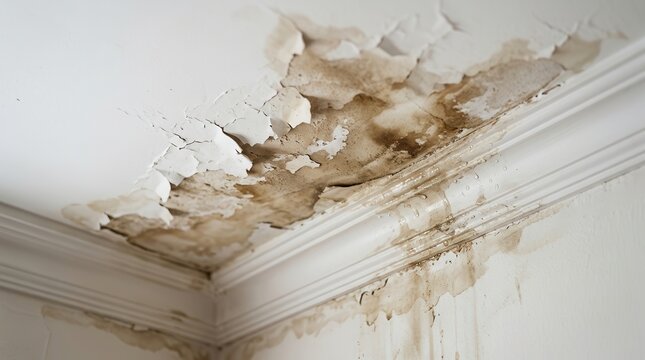 Damaged white ceiling with water marks and peeling paint from water damage.