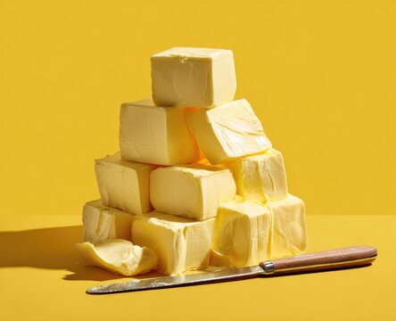 A vibrant shot of a yellow-hued backdrop with a stacked pyramid of butter cubes and a knife lying adjacent