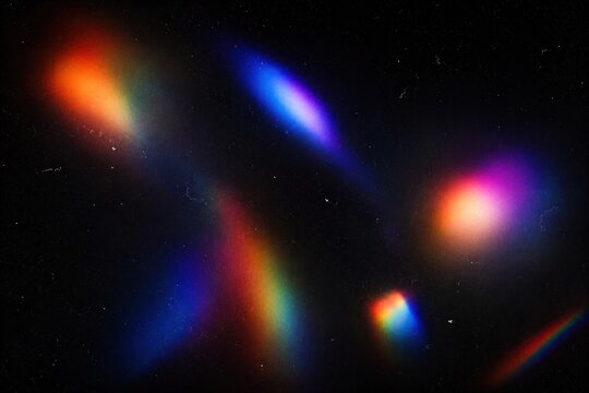 Abstract prism light leaks and rainbow lens flare effects on dark background for creative overlays and modern design.