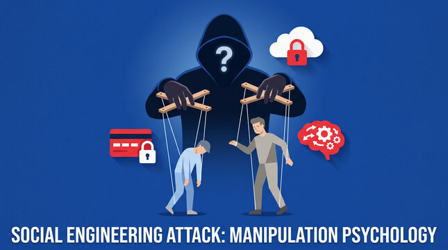 Educational visual of social engineering attack &mdash; hooded manipulator with puppets and security icons, designed as a training resource for awareness in cybersecurity learning programs